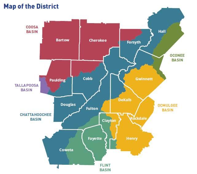 Map of the Metro North Georgia region. The counties in this region are listed in text on this page.